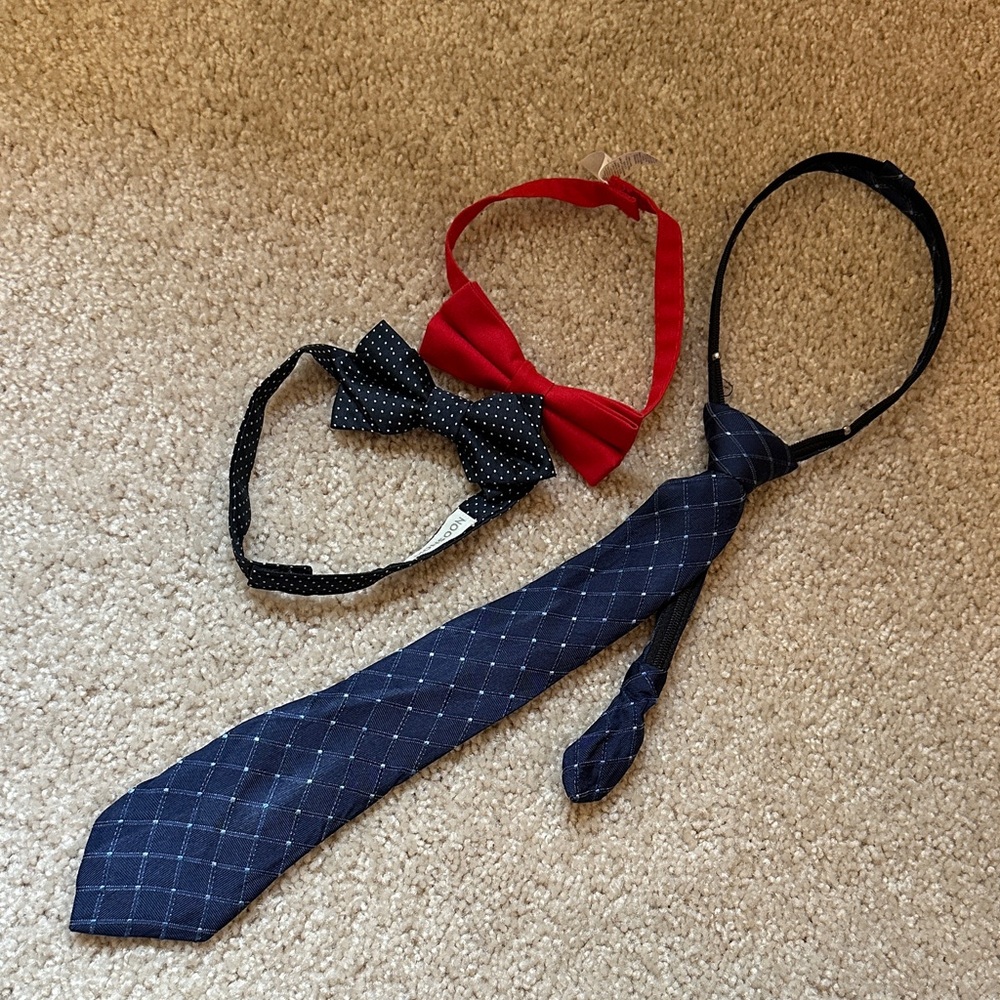 Kid’s Necktie and  Bow Tie Set - Navy Plaid Tie + Red & Navy Bow Ties